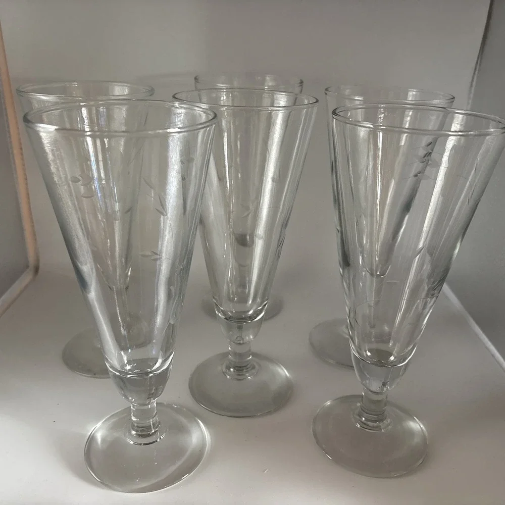 Vintage Princess House Heritage Crystal Pilsner Flute Glasses Etched - Set of 6